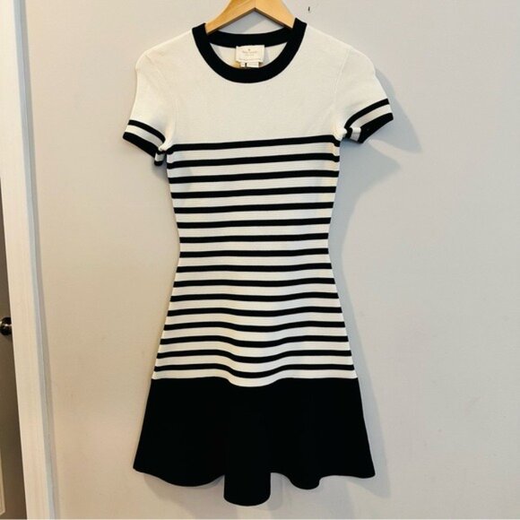 Kate Spade drop waist Scuba dress XXS black ivory stripe fit & flare - Picture 4 of 11